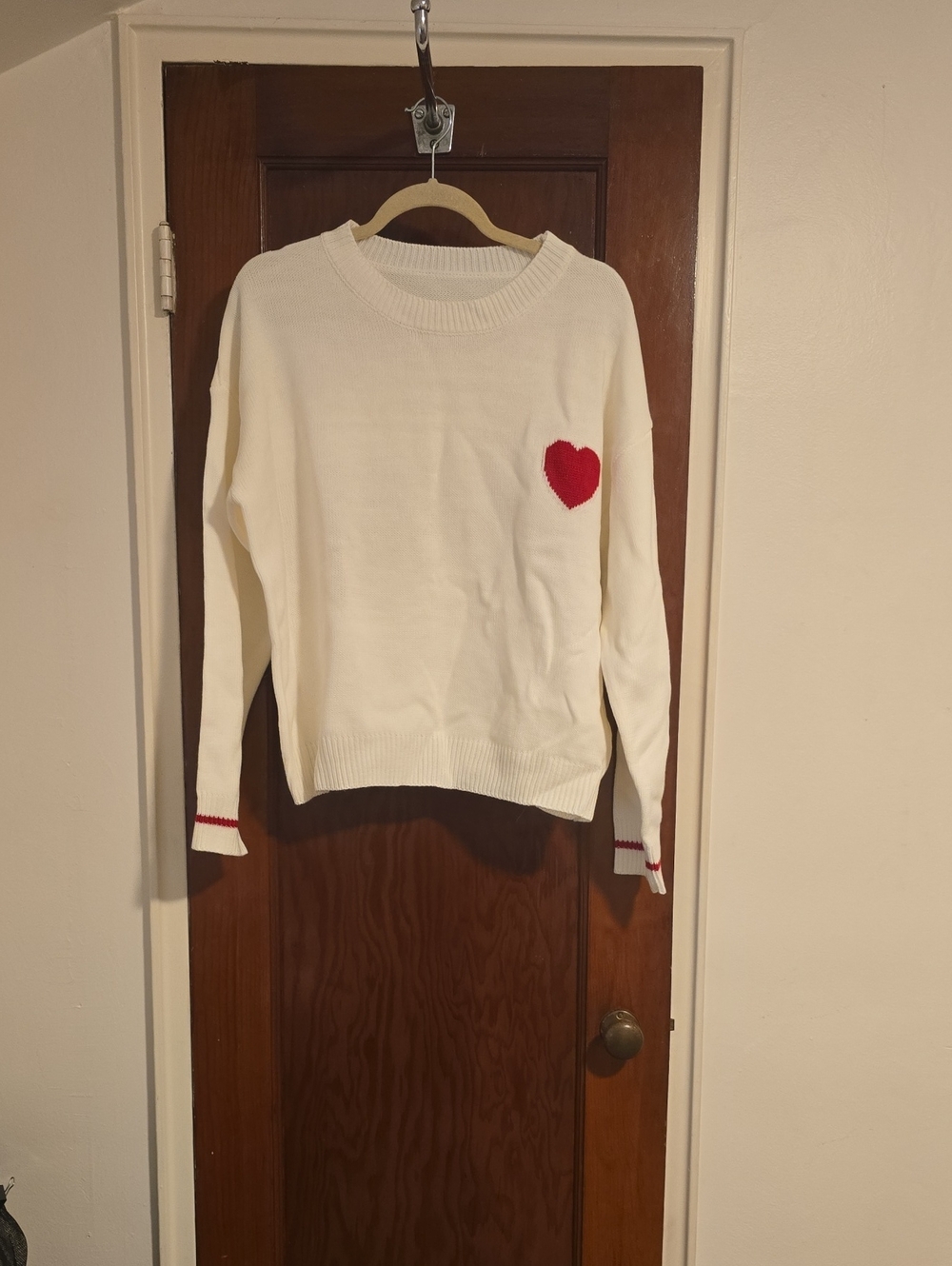 Women's Cream Crewneck Sweater with Red Heart Accent
